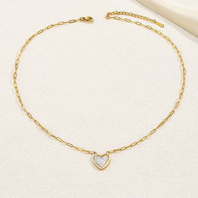 Natural Shell Heart Pendant Necklaces with Golden Stainless Steel Paperclip Chains
