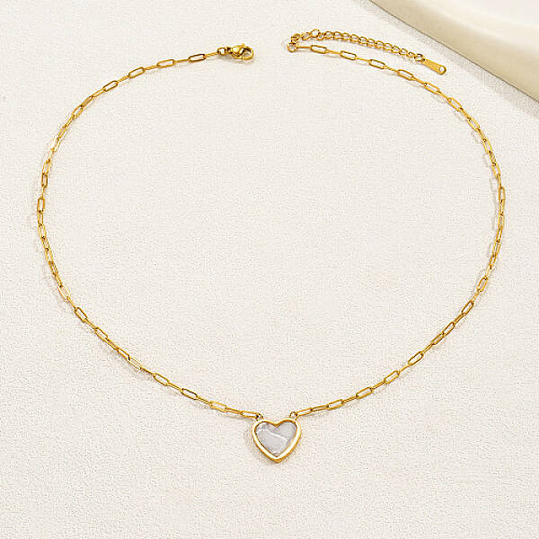 Natural Shell Heart Pendant Necklaces with Golden Stainless Steel Paperclip Chains