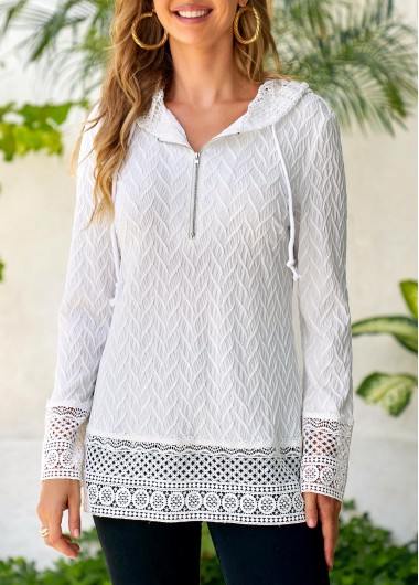 Modlily White Lace Drawstring Long Sleeve Hoodie - XXL