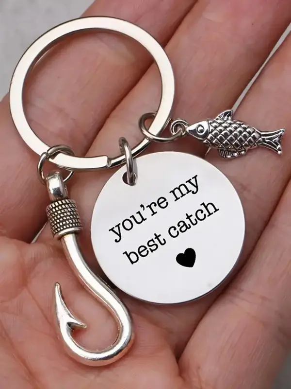 Fashion Letters Heart Print Round Shaped Keychain, with Fish & Fish Hook Charm Decor, Stainless Steel Keychain for Men Women,...
