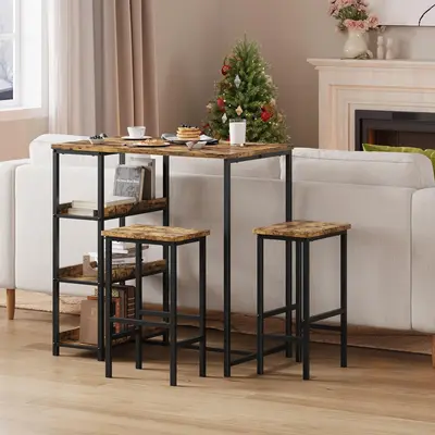 Garvee Bar Table Chair Set with 2 Bar Stools and Industrial Iron Frame  Wood Top, Storage Shelf for Apartments & Studios, Rus...