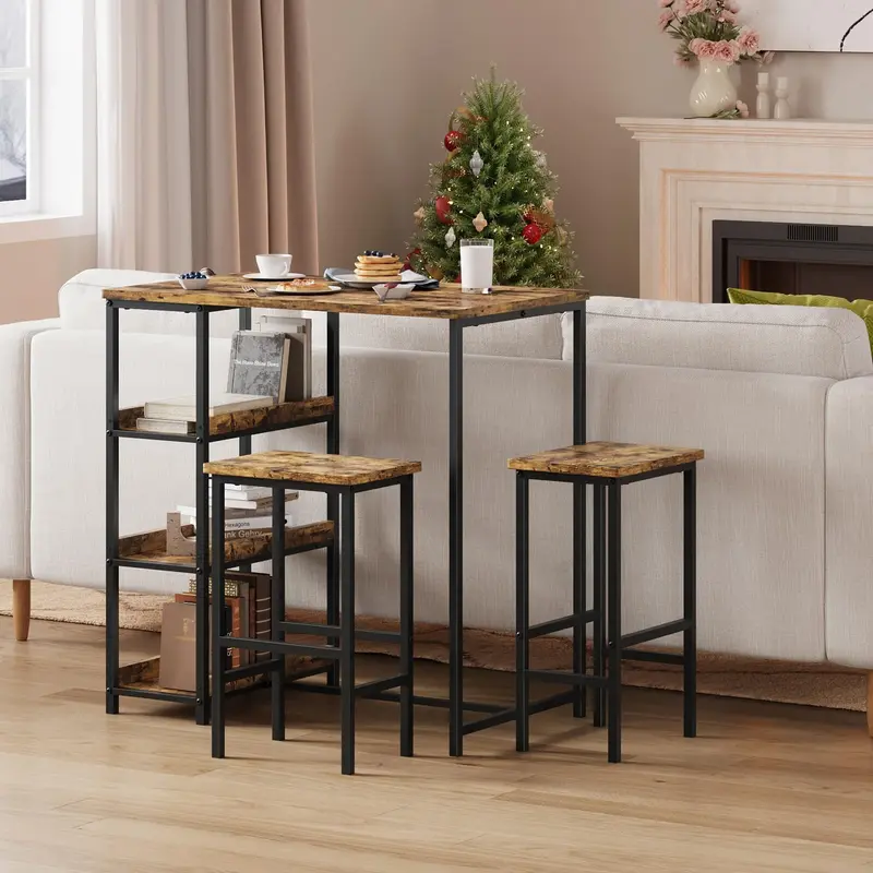 Garvee Bar Table Chair Set with 2 Bar Stools and Industrial Iron Frame Wood Top, Storage Shelf for Apartments & Studios, Rus...