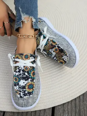 Women's 1 Pair Casual Floral & Leopard Pattern Lace up Round Toe Sneakers, Matching Breathable Comfortable Flat Shoes, Spring...