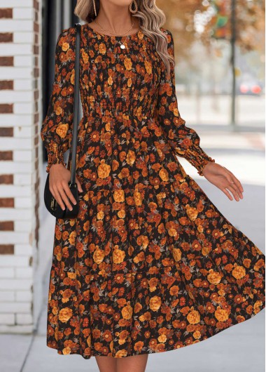 Modlily Orange Tummy Coverage Floral Print Long Sleeve Dress - L