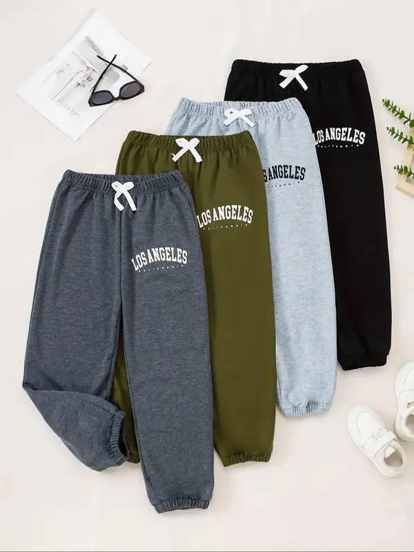 Boy's Letter Print Bow Decor Elastic Waist Sweatpants, Casual Comfy Jogger Pants for Daily Wear, Kids Bottoms for All Seasons...