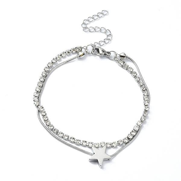 Star Alloy Pave Clear Cubic Zirconia Link Round Snake Chain Bracelets