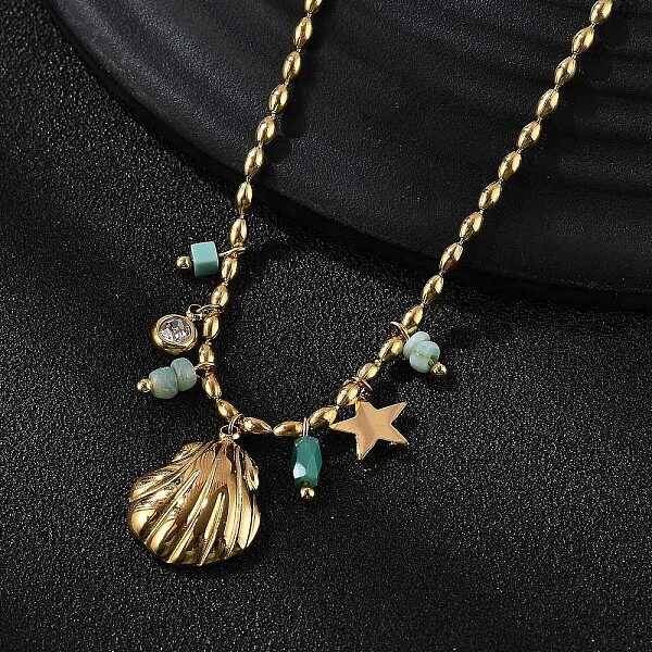 Beach 304 Stainless Steel Rhinestone & Glass Shell Shaped Pendant Necklaces for Women