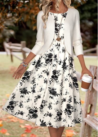 Modlily Beige Floral Print Long Sleeve Dress and Cardigan - M