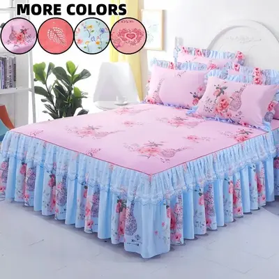 Floral Print Ruffled Edge Bed Skirt Set, 3 Counts/set Including 1 Count Bed Skirt & 2 Counts Pillowcase without Filler, Soft ...