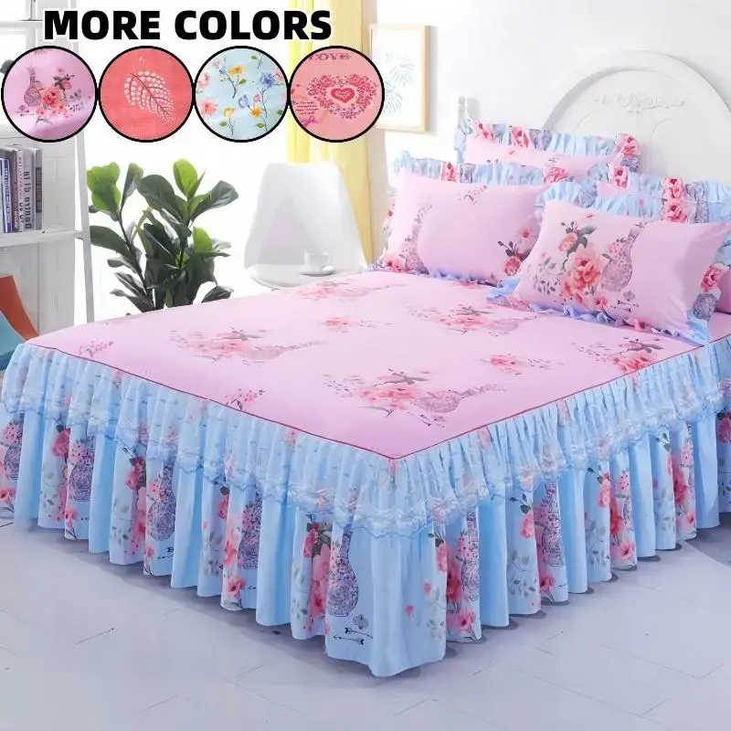 Floral Print Ruffled Edge Bed Skirt Set, 3 Counts/set Including 1 Count Bed Skirt & 2 Counts Pillowcase without Filler, Soft ...
