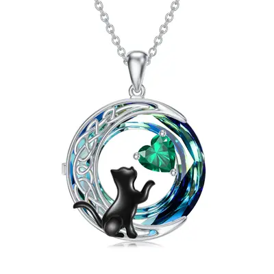 Sterling Silver Two-tone Cat & Celtic Knot & Moon Crystal Pendant Necklace