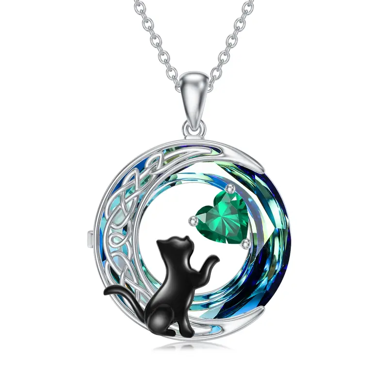 Sterling Silver Two-tone Cat & Celtic Knot & Moon Crystal Pendant Necklace