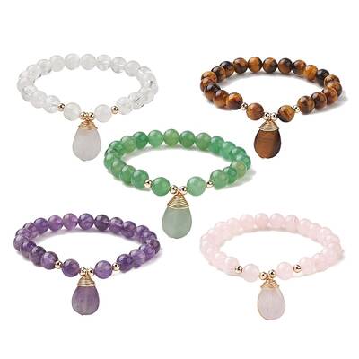 Natural Mixed Gemstone Stretch Bracelets with Teardrop Charms for Women