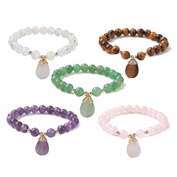 Natural Mixed Gemstone Stretch Bracelets with Teardrop Charms for Women