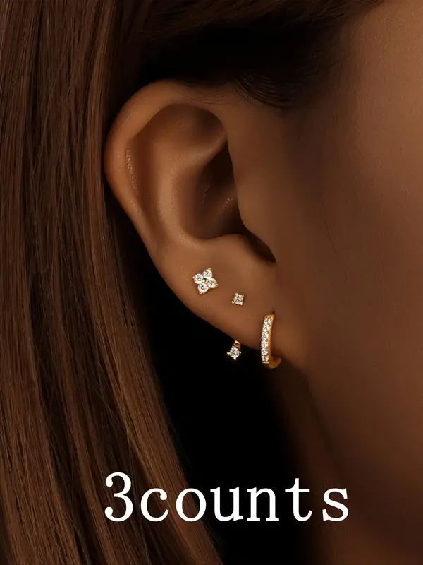 925 Sterling Silver Rhinestones Decor Cute Flower Design Stud Earrings, Fashionable Earrings for Women & Girls, Trendy All-ma...