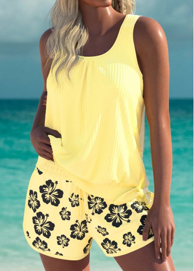Modlily Mid Waisted Floral Print Light Yellow Tankini Set - L