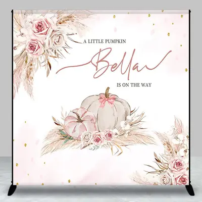 Aperturee Pink Floral Pumpkin Custom Name Baby Shower Backdrop - Aperturee