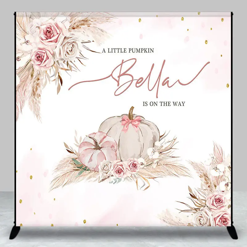 Aperturee Pink Floral Pumpkin Custom Name Baby Shower Backdrop - Aperturee