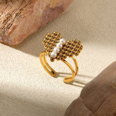 304 Stainless Steel Plastic Pearl Open Cuff Ring for Women