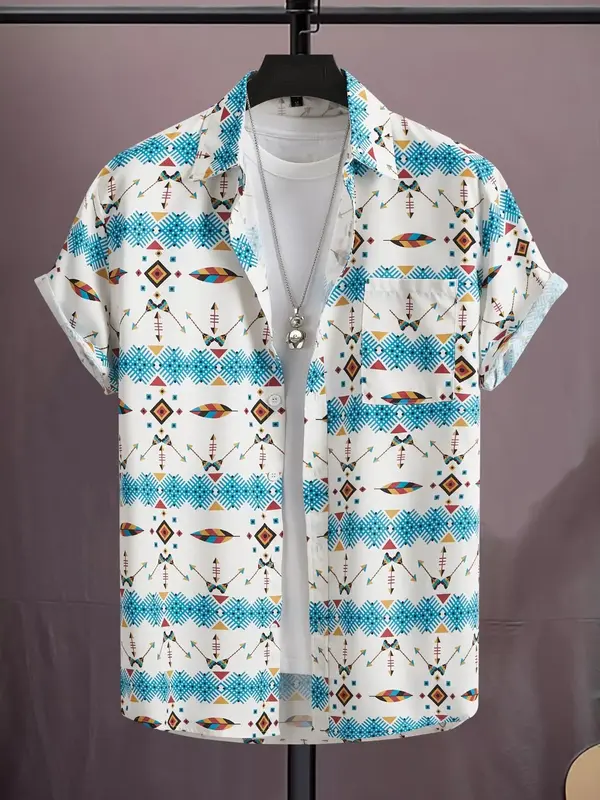 Men's Ethnic Pattern Button Front Pocket Shirt, Regular Fit Short Sleeve Collared Top, Men's Summer Clothes for Beach Vacatio...