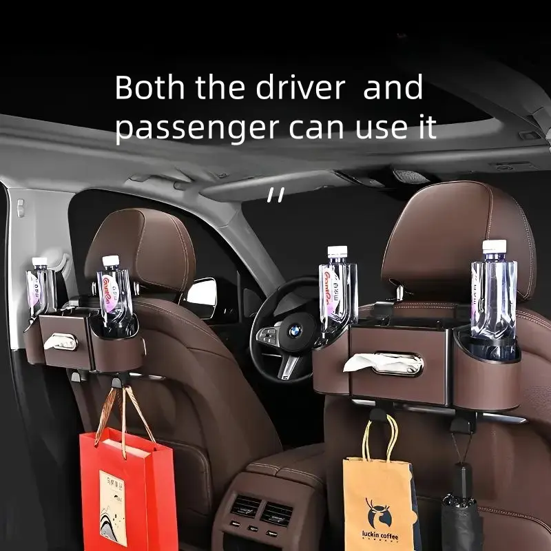 Car Organizers and Storage Box, Multifunctional Car Seat Back Storage Box with Tissue Holder, 2 Cup Holders & Bags Hooks, Bac...