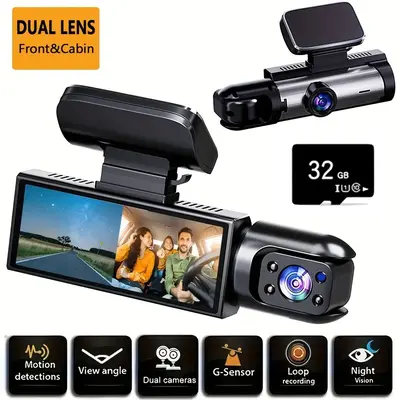 1080P Dash Cam, Dual-Camera Tachograph - Infrared Night Vision, Loop Recording, Wide-Angle Lens, 3.16-Inch IPS Screen With 32...