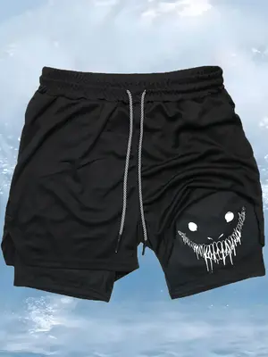 Men's 2 In 1 Cartoon Print Drawstring Waist Sports Shorts, Breathable Comfortable Shorts For Gym Workout Running, Casual Men'...