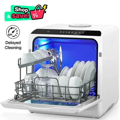 FOHERE Portable Countertop Dishwasher with 5L Built-in Water Tank, 6 Programs, 360°Dual Spray, High-Temp, Air-Dry and Timein...