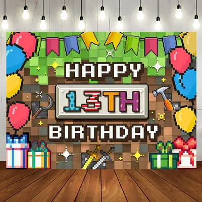 Green Brown Pixel Games Gifts 13th Birthday Backdrop - Aperturee