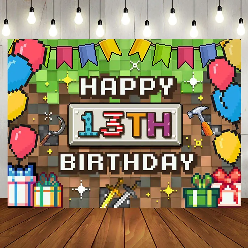 Green Brown Pixel Games Gifts 13th Birthday Backdrop - Aperturee