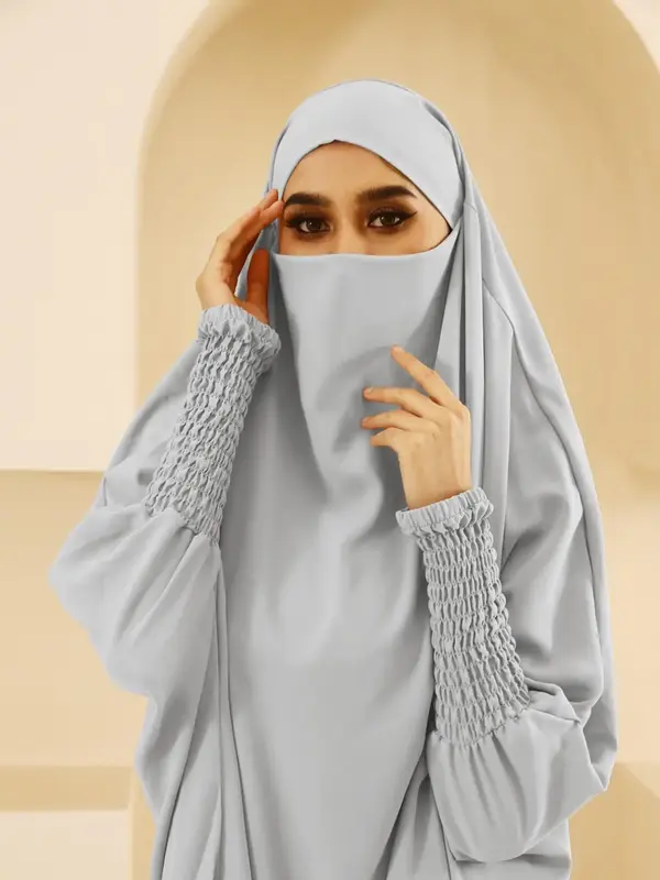 Women's Solid Color Shirred Batwing Sleeve Abaya, Boho Fashion Long Sleeve Hooded Dress for Daily Wear, Ladies Islamic Clothi...