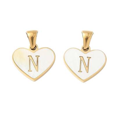 304 Stainless Steel Pave Natural White Shell Heart with Initial Slice Pendants