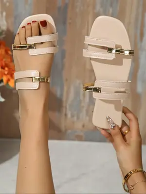 Women's New Trend Colorblock Slip on Flat Sandals, Casual Breathable Square Toe Popular 2024 Summer Sandals, All-match Commut...