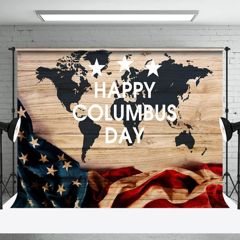 Aperturee Retro Usa Flag Map Wood Happy Columbus Day Backdrop | Party Photo Backdrops | Party Curtain Backdrop | Custom Curta...