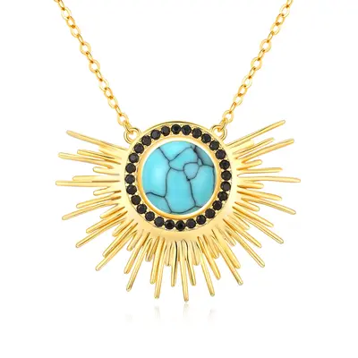 Sterling Silver with Yellow Gold Plated Circular Shaped Turquoise Sun Pendant Necklace