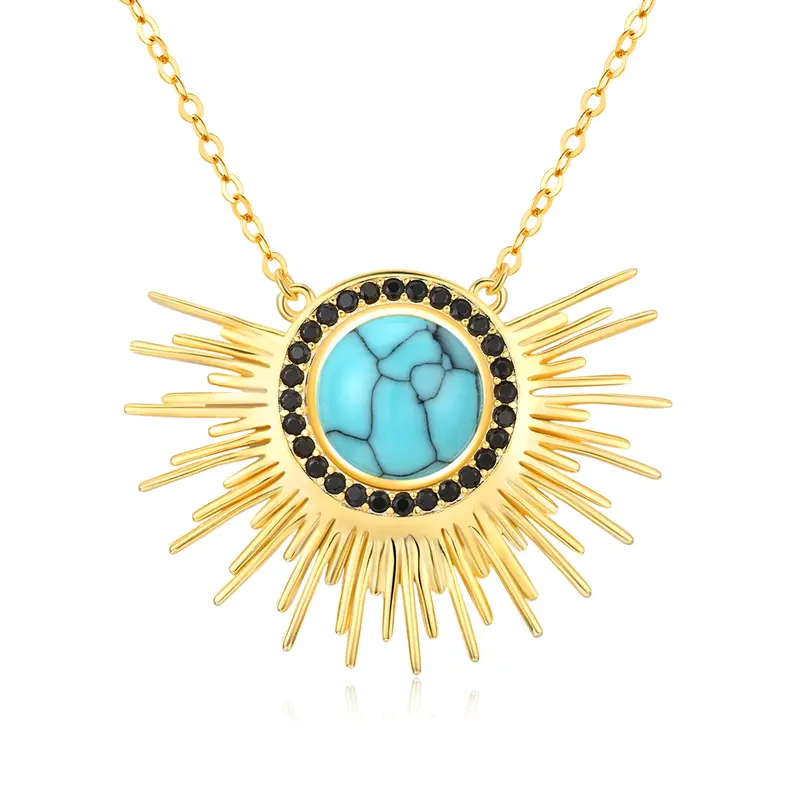 Sterling Silver with Yellow Gold Plated Circular Shaped Turquoise Sun Pendant Necklace