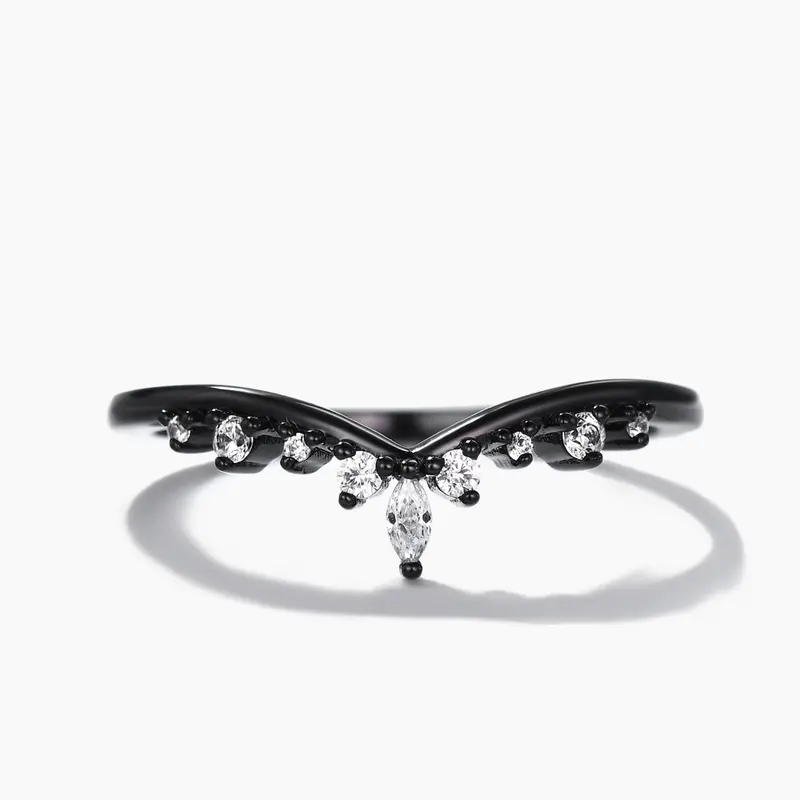 Marquise Diamond Black Gold Wedding Ring V Chevron Band