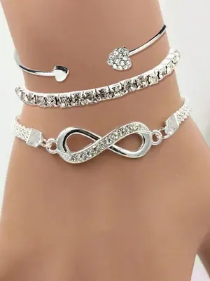 3pcs/set Women's Minimalist Elegant Rhinestone Decorated Heart Design Bangle, Fashion Accessories for Party, All-match Fashio...