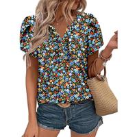 Angerella Women's Tunic Tops Casual V Neck Short Sleeve T Shirts Summer Puff Sleeve Ruffle Blouses