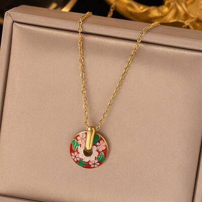 304 Stainless Steel Enamel Flat Round Necklaces for Women