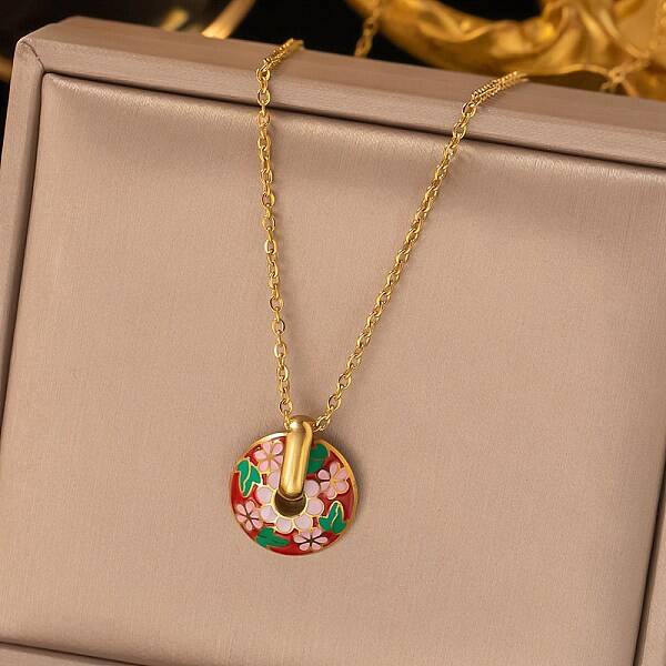 304 Stainless Steel Enamel Flat Round Necklaces for Women