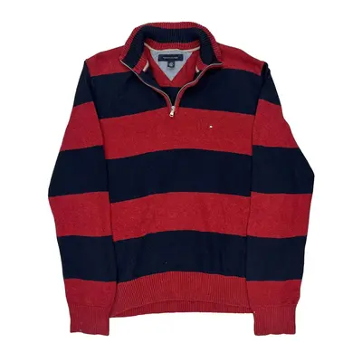 Tommy Hilfiger Striped 1/4 Zip - Large Red Cotton