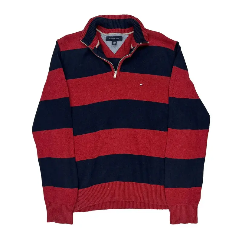 Tommy Hilfiger Striped 1/4 Zip - Large Red Cotton
