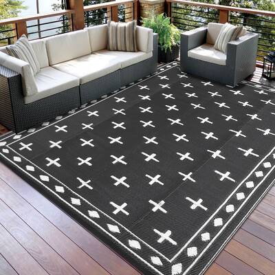 Garvee Reversible Outdoor Rug 8x10ft - Waterproof Plastic Straw Patio Carpet - Modern Geometric Black & White Design, UV Resi...