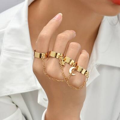 Iron Double Plain Open Cuff Rings Linked with Chains