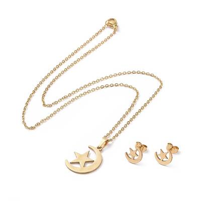 304 Stainless Steel Moon & Star Stud Earrings and Pendant Necklace
