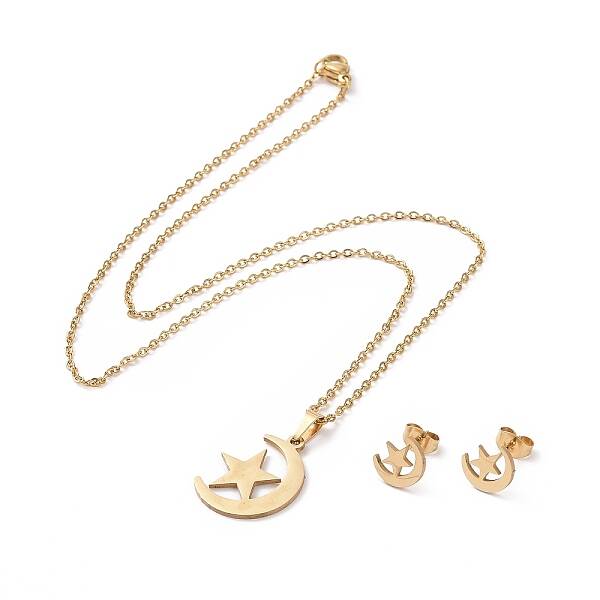 304 Stainless Steel Moon & Star Stud Earrings and Pendant Necklace