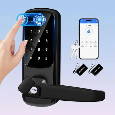 5 in 1 Smart Door Lock, Battery Required Keyless Entry Door Lock with Handle(without Battery), Digital Electronic Lock for Fr...