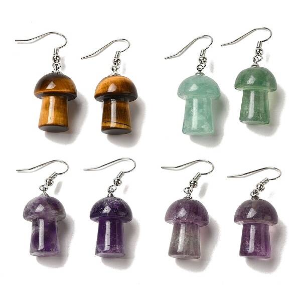 Natural Mixed Gemstone Mushroom Dangle Earrings