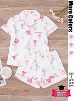 Women's All Over Cocktail Print Button Front Shortsleeve Shirt & Elastic Waist Shorts Pyjama, Casual Comfy Short Sleeve Top &...